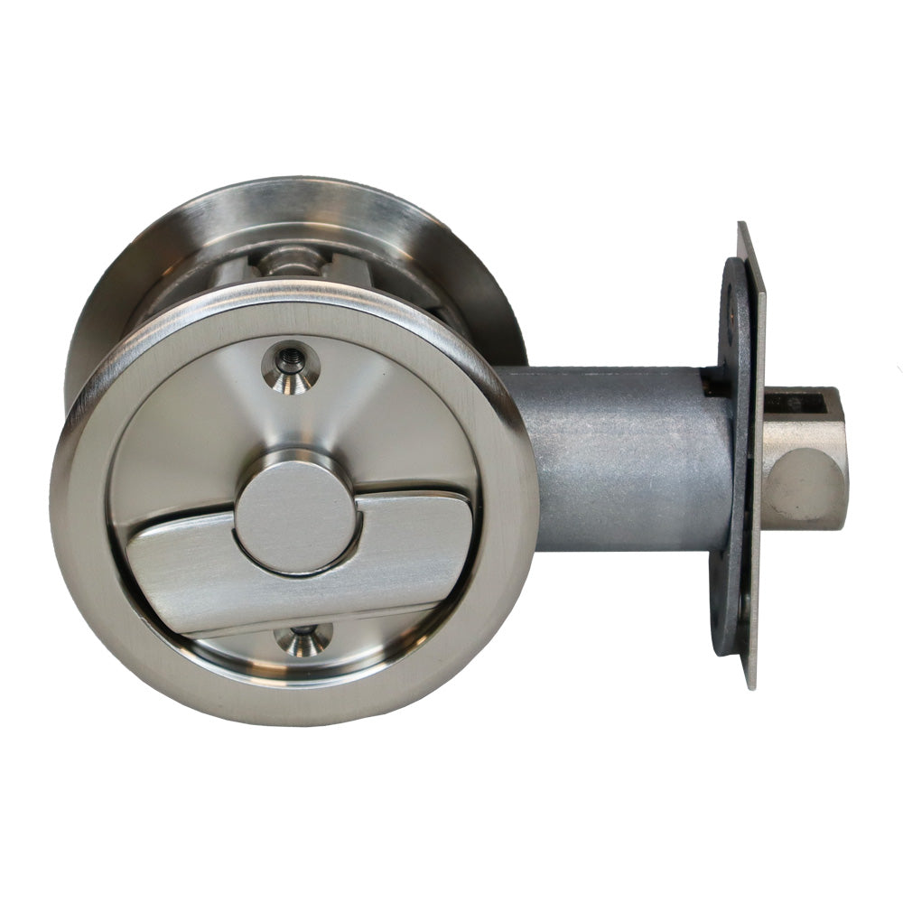 Emtek 2145US15 Round Privacy Pocket Door Tubular Lock with Privacy Strike Plate and Dust Box Satin Nickel Finish Main image