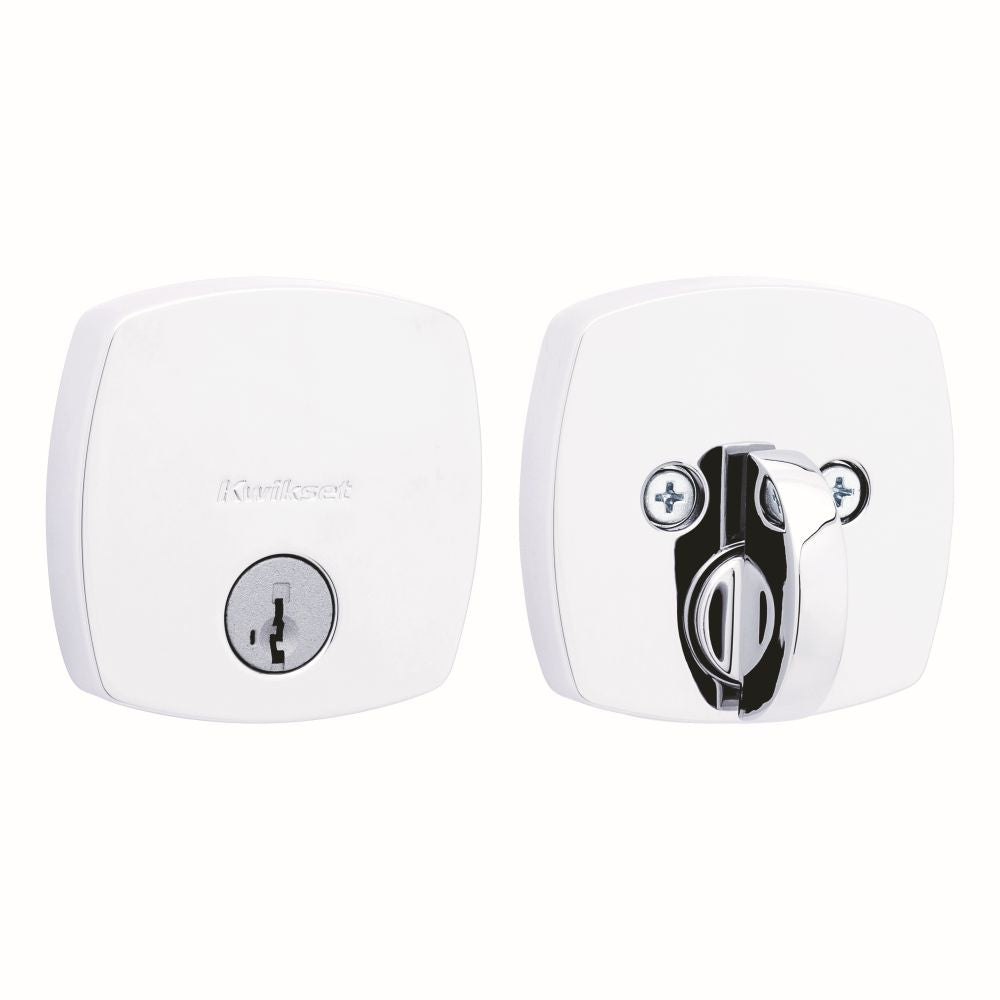 Kwikset 258MDT-26S.STRKP Midtown Contemporary Low Profile Single Cylinder SmartKey Deadbolt with 6AL Latch and STRKP Strike Pack which includes Square Corner; Round Corner and 5303 Round Corner Full Lip Strikes KA3 Bright Chrome Finish