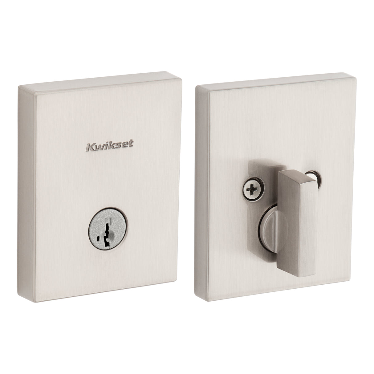 Kwikset 258RCT-15S.STRKP Rectangular Contemporary Low Profile Single Cylinder SmartKey Deadbolt with 6AL Latch and STRKP Strike Pack which includes Square Corner, Round Corner and 5303 Round Corner Full Lip Strikes KA3 Satin Nickel Finish