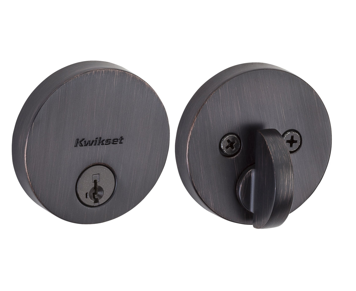 Kwikset 258RDT-11PS.STRKP Uptown Round Contemporary Low Profile Single Cylinder SmartKey Deadbolt with 6AL Latch and STRKP Strike Pack which includes Square Corner, Round Corner and 5303 Round Corner Full Lip Strikes KA3 Venetian Bronze Finish