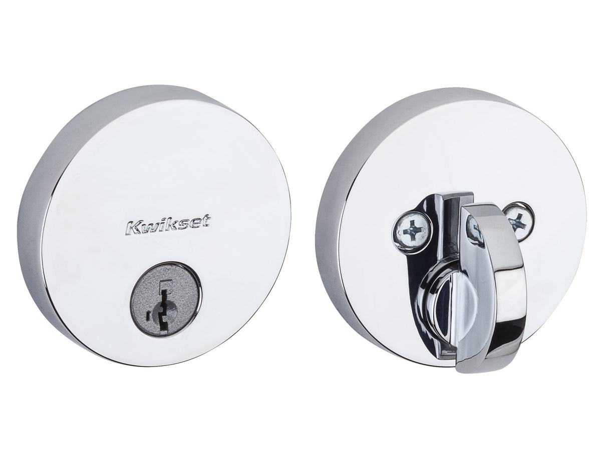 Kwikset 258RDT-26S.STRKP Uptown Round Contemporary Low Profile Single Cylinder SmartKey Deadbolt with 6AL Latch and STRKP Strike Pack which includes Square Corner, Round Corner and 5303 Round Corner Full Lip Strikes KA3 Bright Chrome Finish