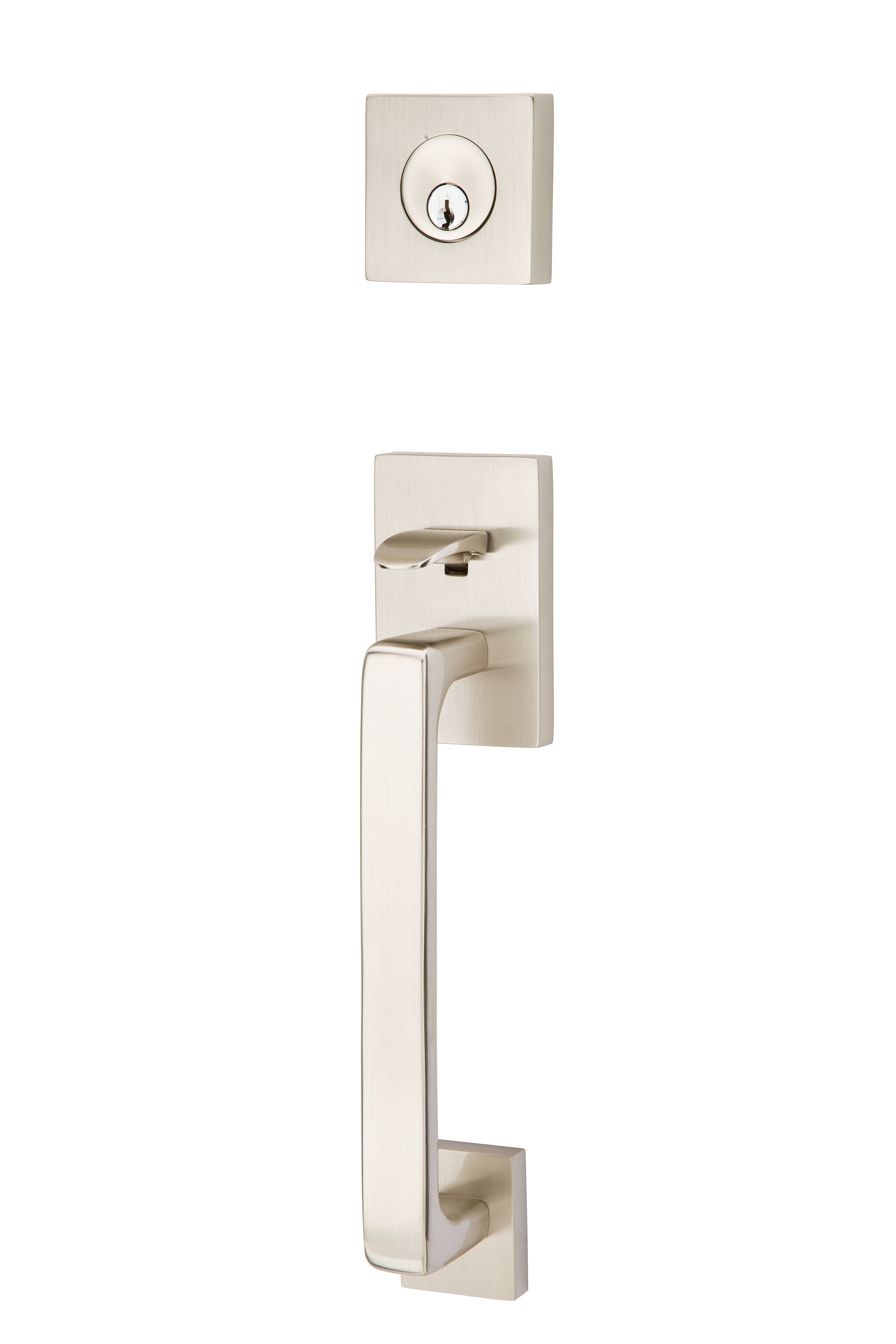Emtek 4820HLOUS15LH Helios Lever Left Hand 2-3/8" and 2-3/4" Backset Single Cylinder Baden Tubular Handleset Satin Nickel Finish Main image