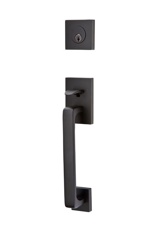 Emtek 4820HLOUS19LH Helios Lever Left Hand 2-3/8" and 2-3/4" Backset Single Cylinder Baden Tubular Handleset Flat Black Finish Main image
