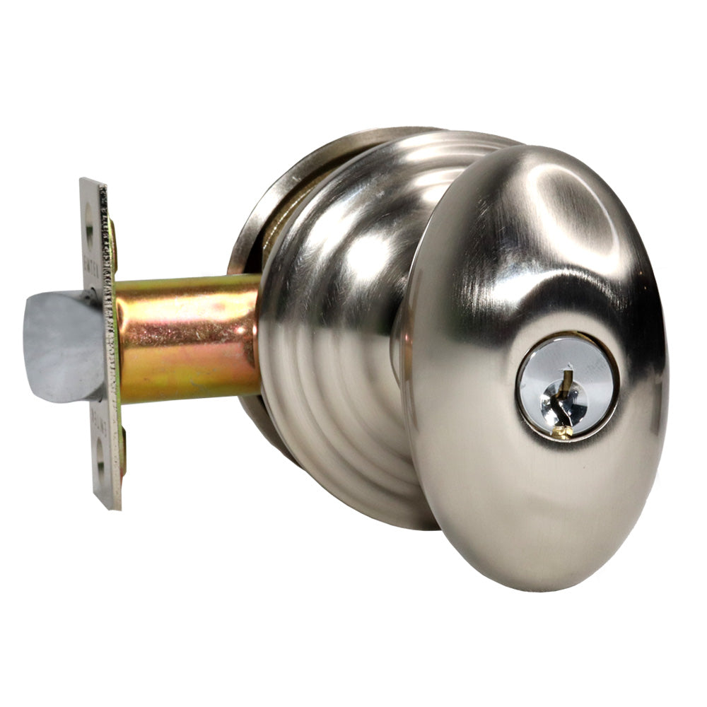 Emtek 5100EUS15 Egg Knob 2-3/8" and 2-3/4" Backset Keyed Entry with Regular Rose for 1-3/8" to 2-1/16" Door Satin Nickel Finish Main image