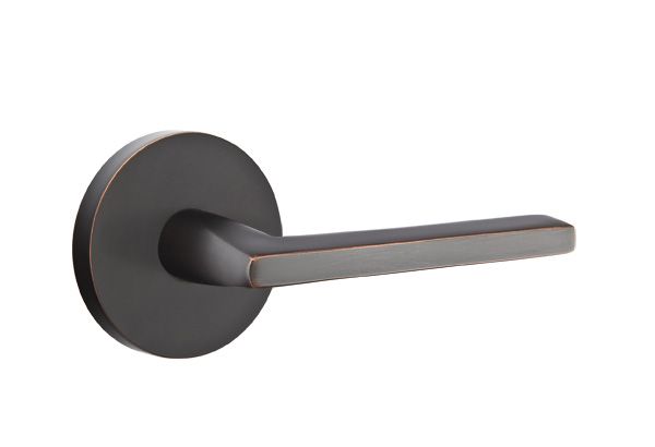 Emtek 5109HLOUS10BLH Helios Lever Left Hand 2-3/8" Backset Passage with Disk Rose for 1-1/4" to 2" Door Oil Rubbed Bronze Finish