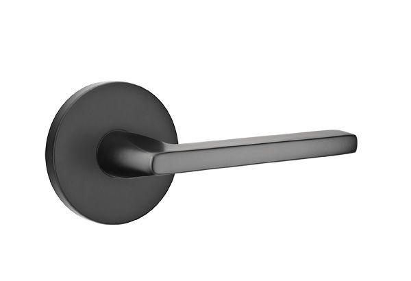 Emtek 5109HLOUS19RH Helios Lever Right Hand 2-3/8" Backset Passage with Disk Rose for 1-1/4" to 2" Door Flat Black Finish