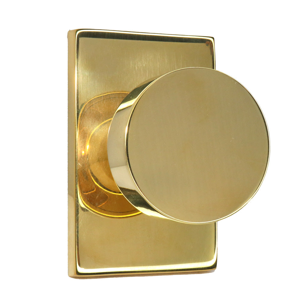 Emtek 5112ROUUS3NL Round Knob 2-3/8" Backset Passage with Modern Rectangular Rose for 1-1/4" to 2" Door Unlacquered Brass Finish Main image