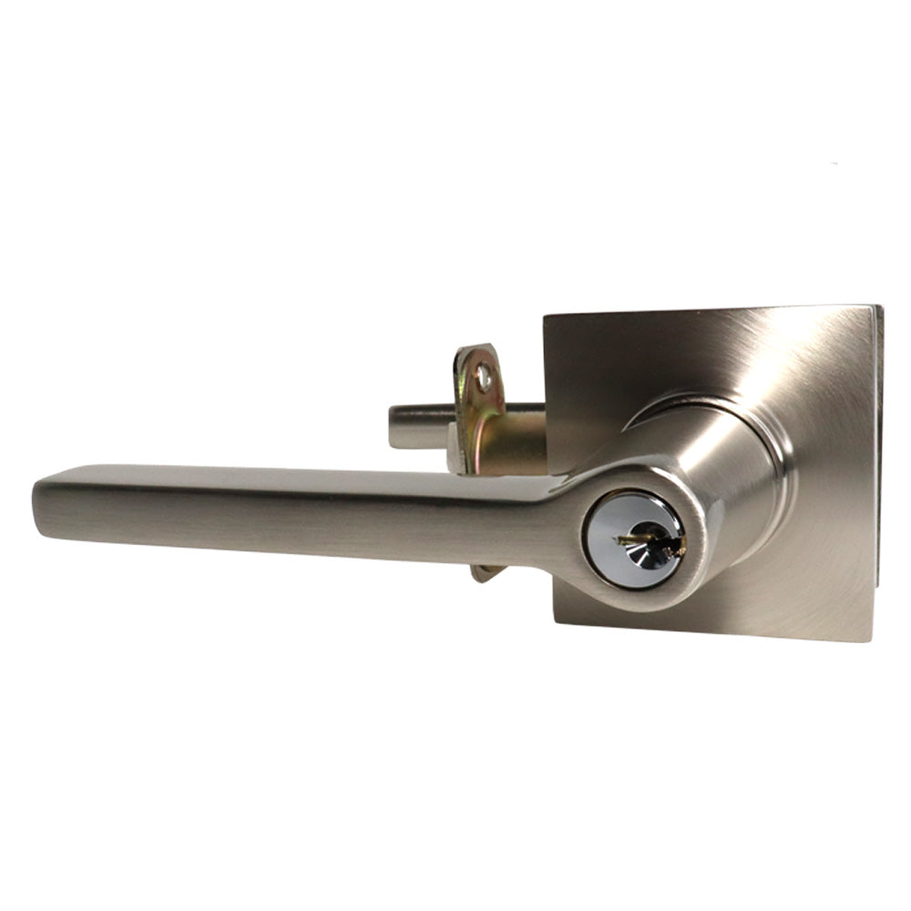 Emtek 5122HLOUS15LH.RLS Helios Lever Left Hand 2-3/8" and 2-3/4" Backset with Radius Latch Strike Keyed Entry with Square Rose for 1-3/8" to 2-1/16" Door Satin Nickel Finish Main image
