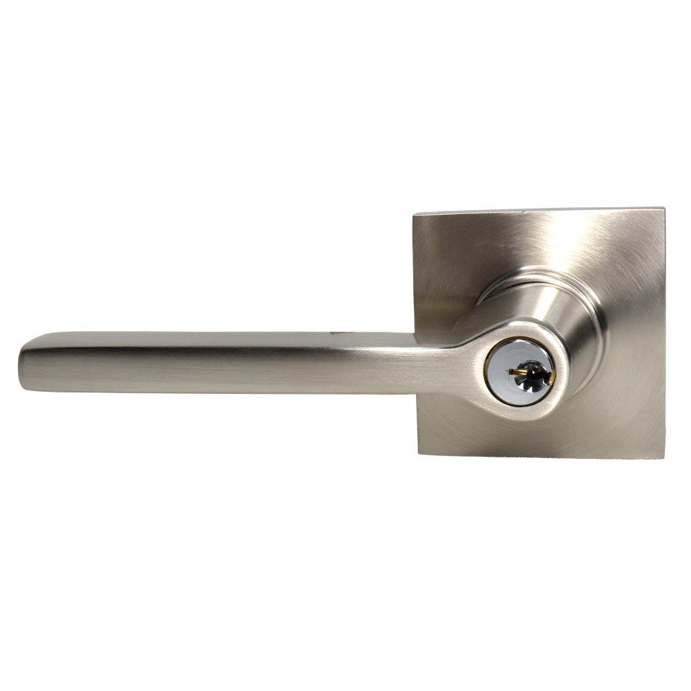 Emtek 5122HLOUS15LH Helios Lever Left Hand 2-3/8" and 2-3/4" Backset Keyed Entry with Square Rose for 1-3/8" to 2-1/16" Door Satin Nickel Finish