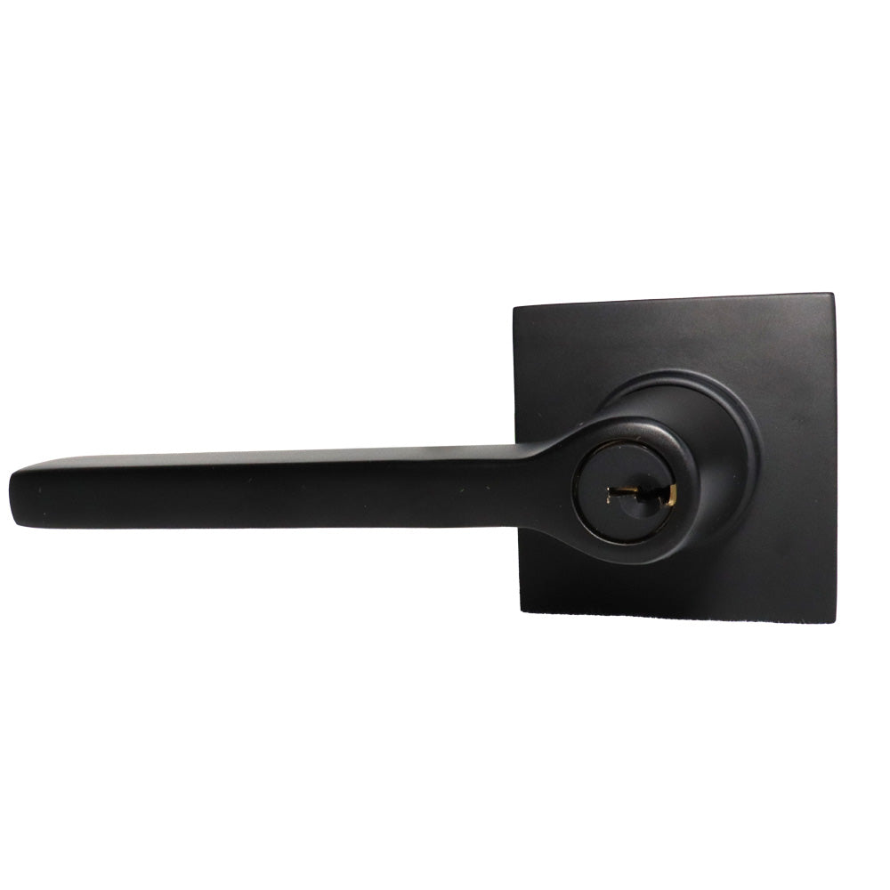 Emtek 5122HLOUS19LH.RLS Helios Lever Left Hand 2-3/8" and 2-3/4" Backset with Radius Latch Strike Keyed Entry with Square Rose for 1-3/8" to 2-1/16" Door Flat Black Finish Main image