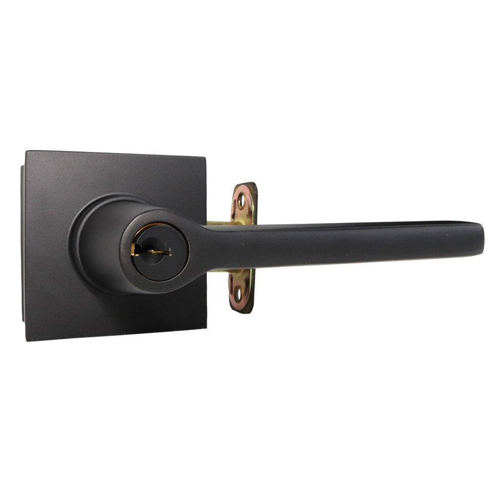 Emtek 5122HLOUS19RH.RLS Helios Lever Right Hand 2-3/8" and 2-3/4" Backset with Radius Latch Strike Keyed Entry with Square Rose for 1-3/8" to 2-1/16" Door Flat Black Finish Main image