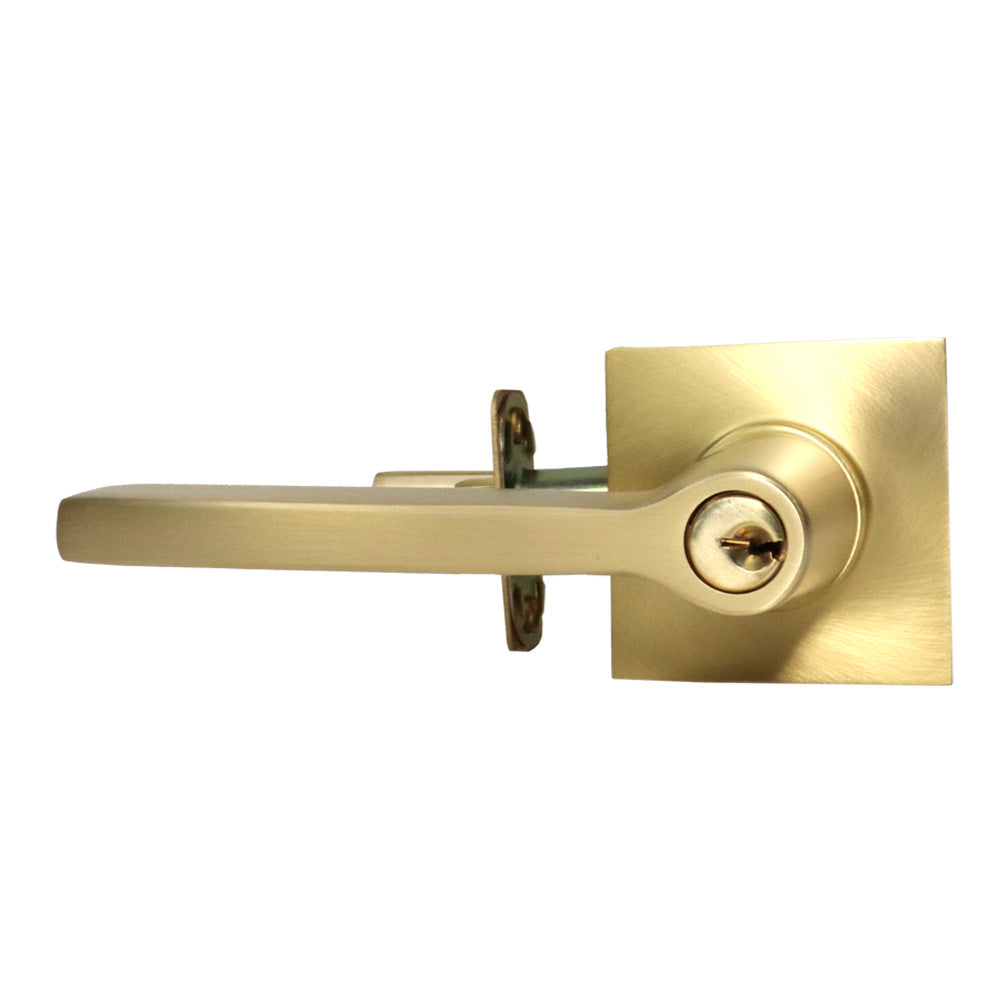 Emtek 5122HLOUS4LH.RLS Helios Lever Left Hand 2-3/8" and 2-3/4" Backset with Radius Latch Strike Keyed Entry with Square Rose for 1-3/8" to 2-1/16" Door Satin Brass Finish Main image