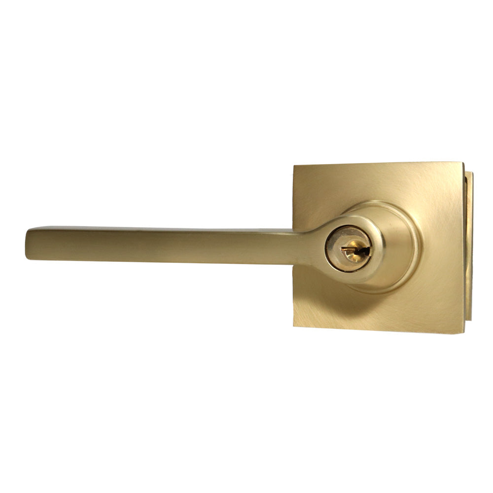Emtek 5122HLOUS4LH Helios Lever Left Hand 2-3/8" and 2-3/4" Backset Keyed Entry with Square Rose for 1-3/8" to 2-1/16" Door Satin Brass Finish Main image