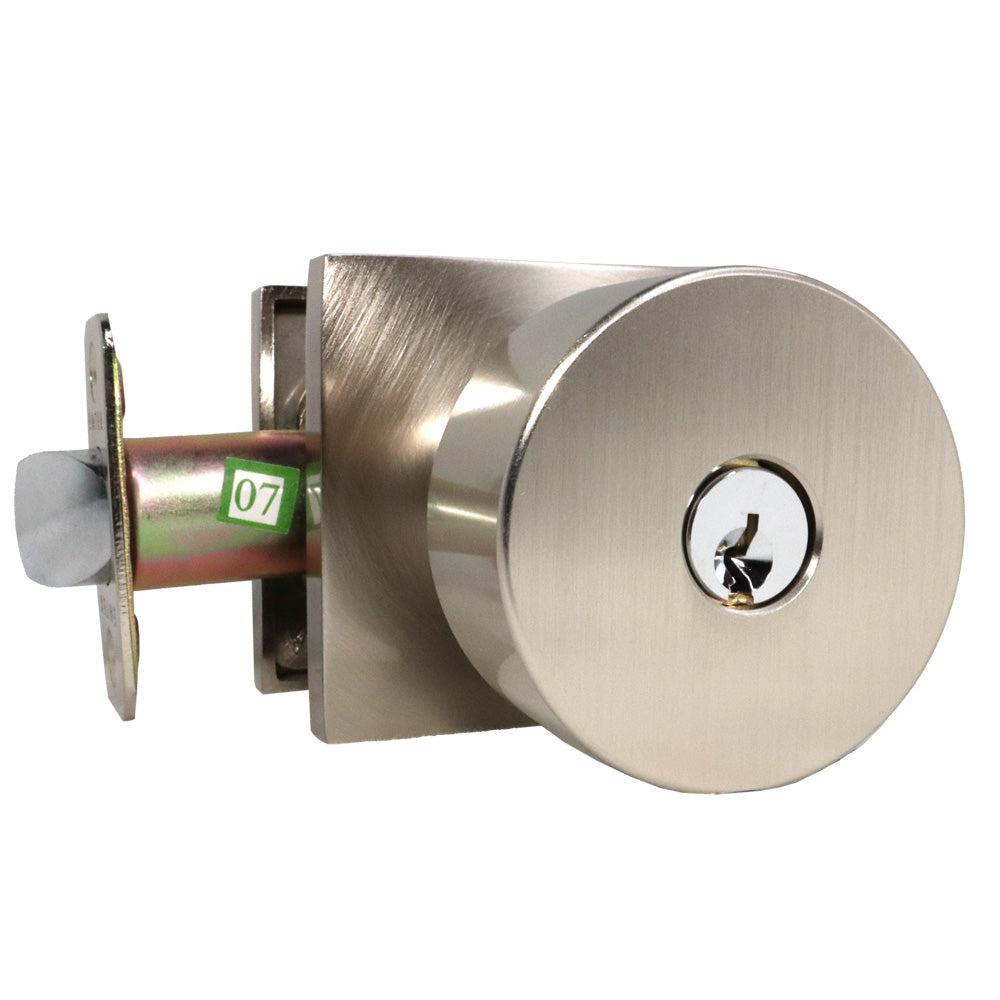 Emtek 5122ROUUS15.RLS Round Knob 2-3/8" and 2-3/4" Backset with Radius Latch Strike Keyed Entry with Square Rose for 1-3/8" to 2-1/16" Door Satin Nickel Finish Main image