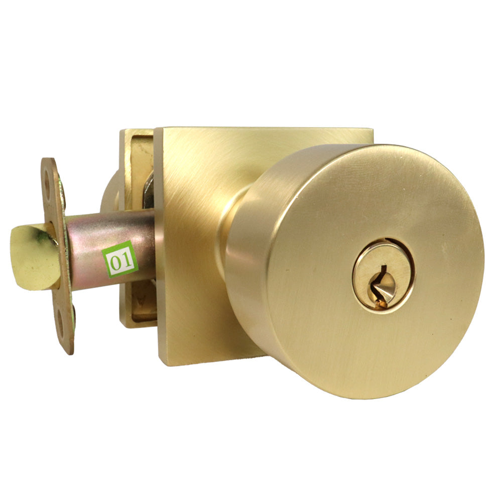 Emtek 5122ROUUS4.RLS Round Knob 2-3/8" and 2-3/4" Backset with Radius Latch Strike Keyed Entry with Square Rose for 1-3/8" to 2-1/16" Door Satin Brass Finish Main image