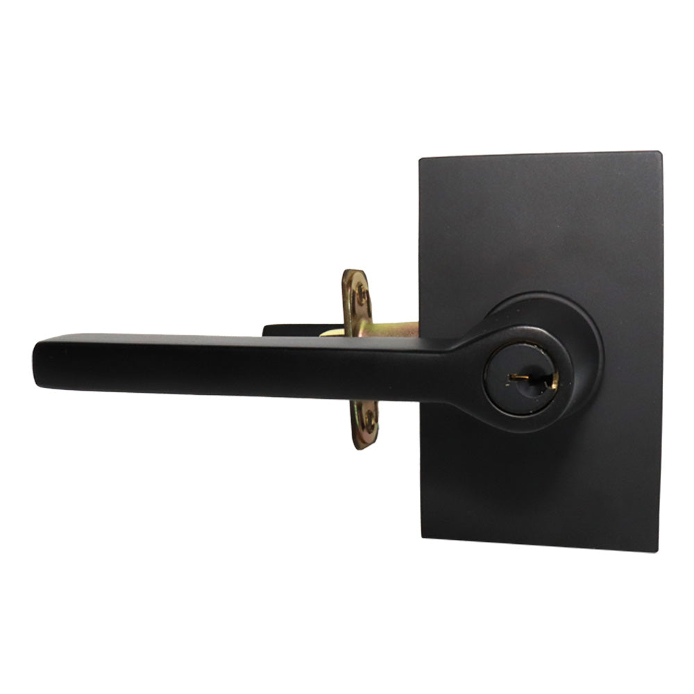 Emtek 5123HLOUS19LH.RLS Helios Lever Left Hand 2-3/8" Backset with Radius Latch Strike Keyed Entry with Modern Rectangular Rose for 1-3/8" to 2-1/16" Door Flat Black Finish Main image