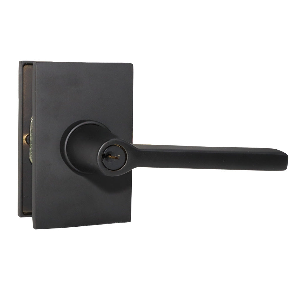 Emtek 5123HLOUS19RH.RLS Helios Lever Right Hand 2-3/8" Backset with Radius Latch Strike Keyed Entry with Modern Rectangular Rose for 1-3/8" to 2-1/16" Door Flat Black Finish Main image