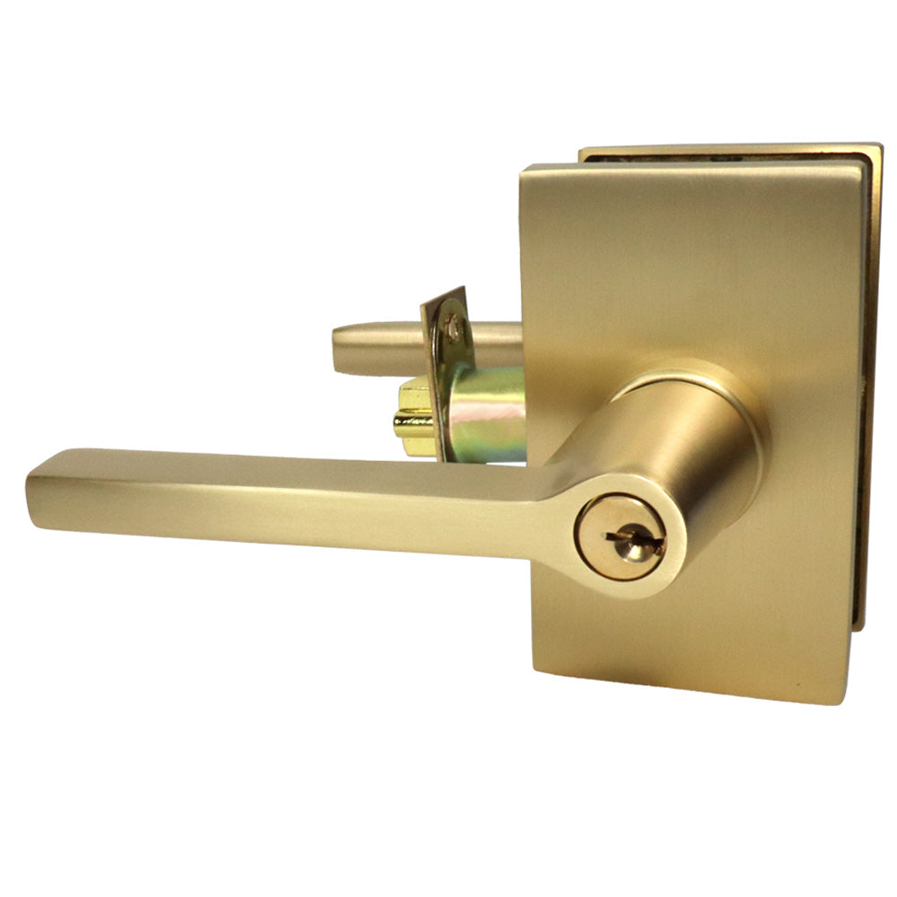 Emtek 5123HLOUS4LH Helios Lever Left Hand 2-3/8" Backset Keyed Entry with Modern Rectangular Rose for 1-3/8" to 2-1/16" Door Satin Brass Finish Main image