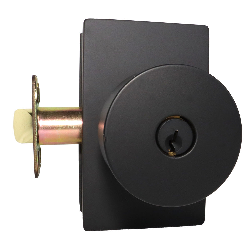 Emtek 5123ROUUS19.RLS Round Knob 2-3/8" Backset with Radius Latch Strike Keyed Entry with Modern Rectangular Rose for 1-3/8" to 2-1/16" Door Flat Black Finish Main image