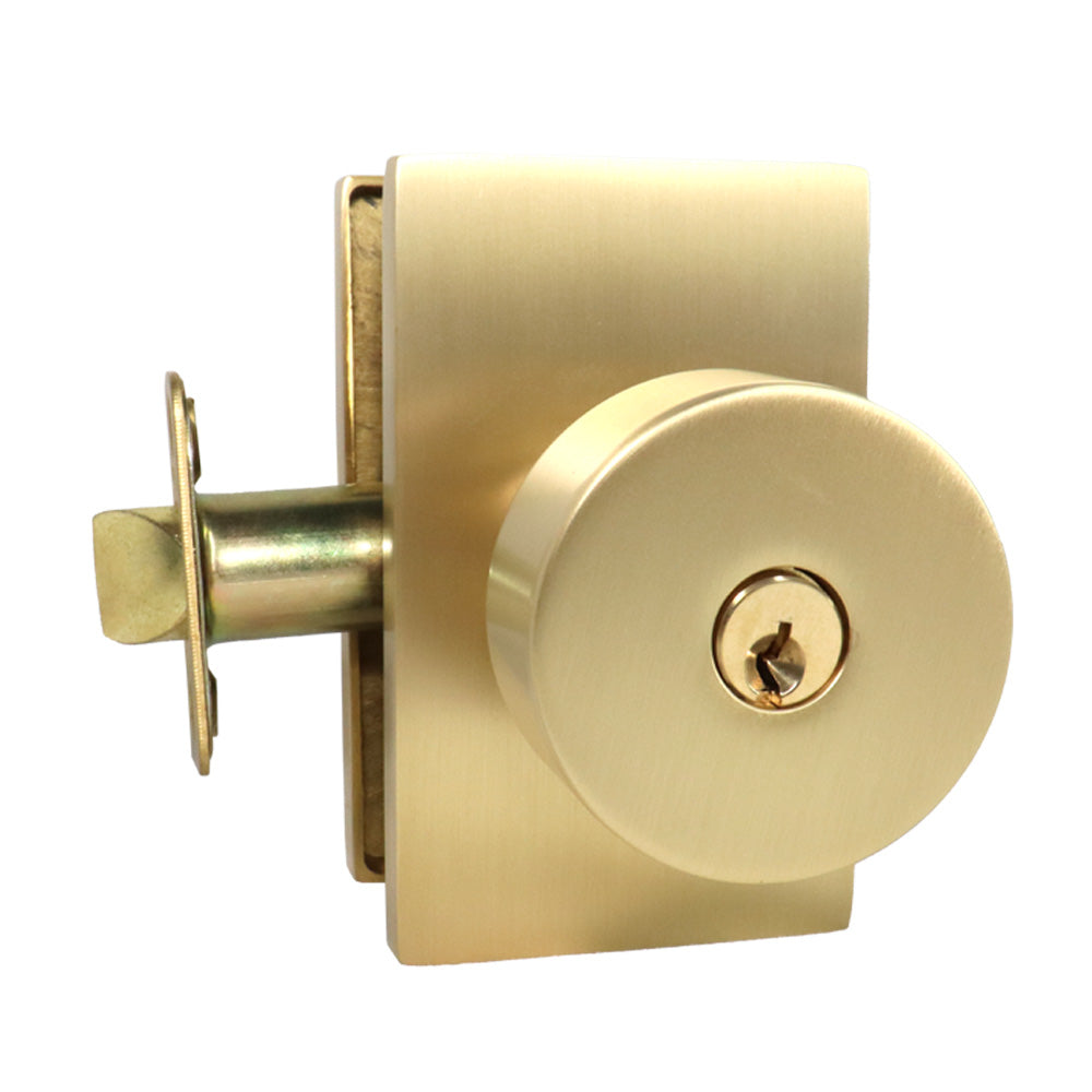 Emtek 5123ROUUS4.RLS Round Knob 2-3/8" Backset with Radius Latch Strike Keyed Entry with Modern Rectangular Rose for 1-3/8" to 2-1/16" Door Satin Brass Finish Main image