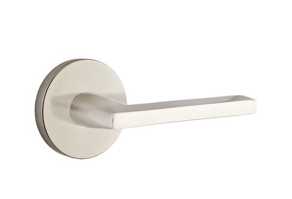 Emtek 5209HLOUS15RH Helios Lever Right Hand 2-3/8" Backset Privacy with Disk Rose for 1-1/4" to 2" Door Satin Nickel Finish