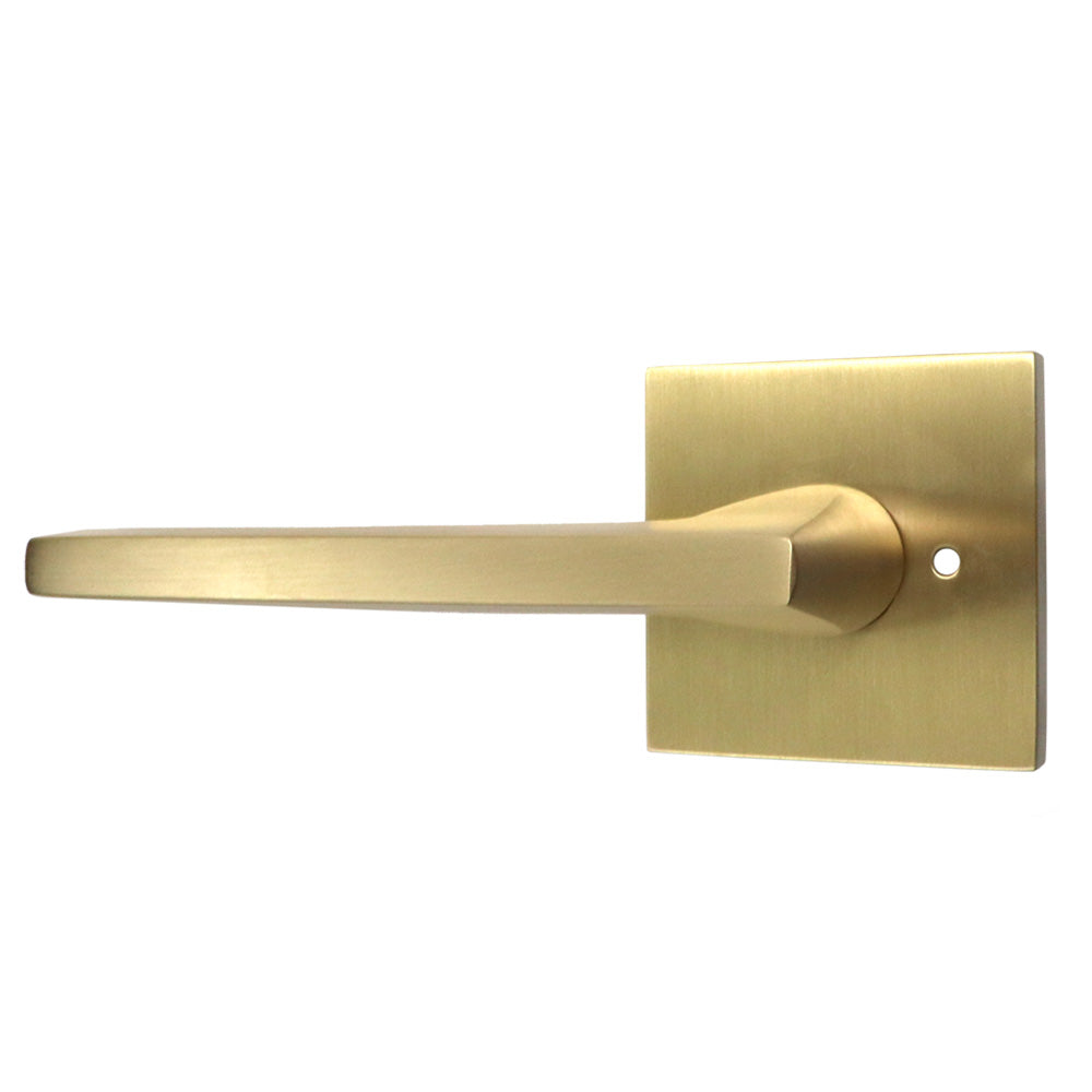 Emtek 5210HLOUS4LH.RLS Helios Lever Left Hand 2-3/8" Backset with Radius Latch Strike Privacy with Square Rose for 1-1/4" to 2" Door Satin Brass Finish Main image
