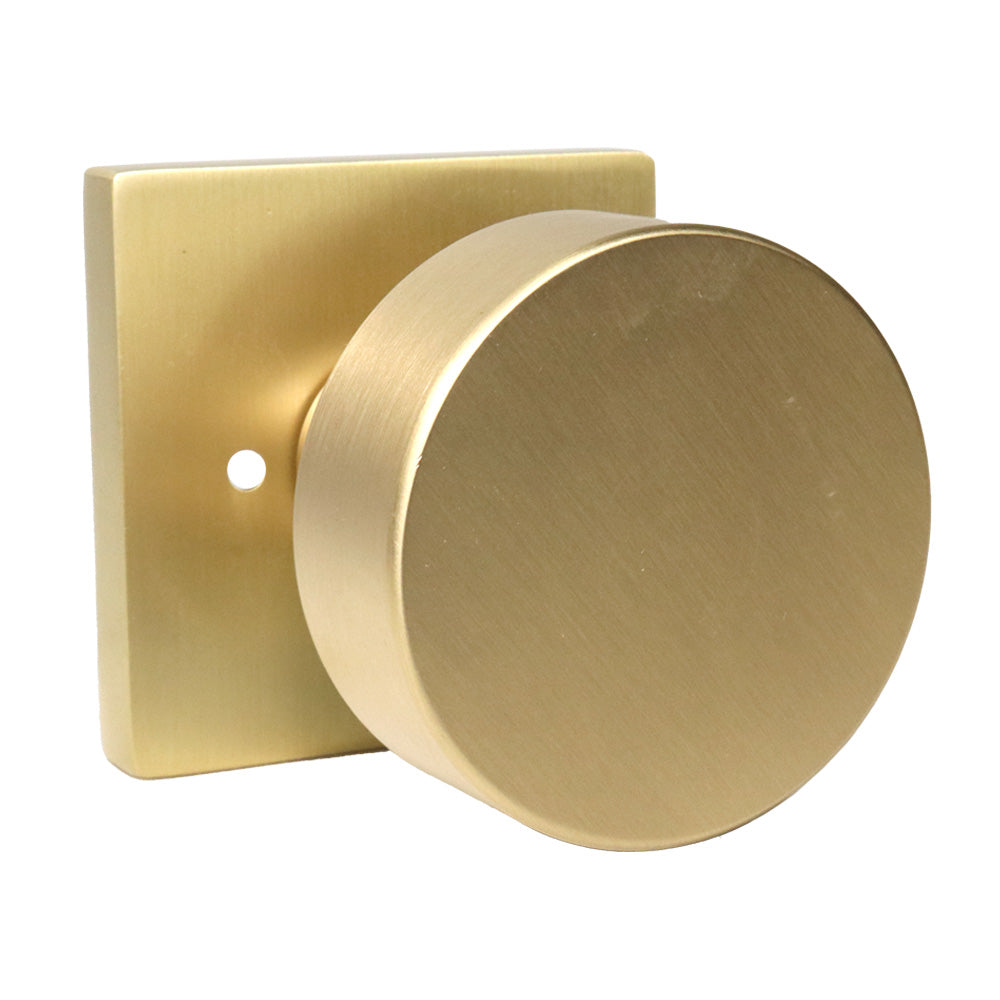 Emtek 5210ROUUS4.RLS Round Knob 2-3/8" Backset with Radius Latch Strike Privacy with Square Rose for 1-1/4" to 2" Door Satin Brass Finish Main image