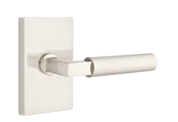 Emtek 5212HECUS15LH Hercules Lever Left Hand 2-3/8" Backset Privacy with Modern Rectangular Rose for 1-1/4" to 2" Door Satin Nickel Finish Main image