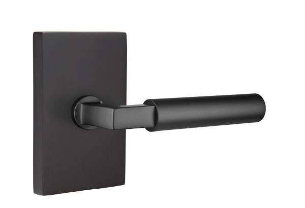 Emtek 5212HECUS19LH Hercules Lever Left Hand 2-3/8" Backset Privacy with Modern Rectangular Rose for 1-1/4" to 2" Door Flat Black Finish Main image