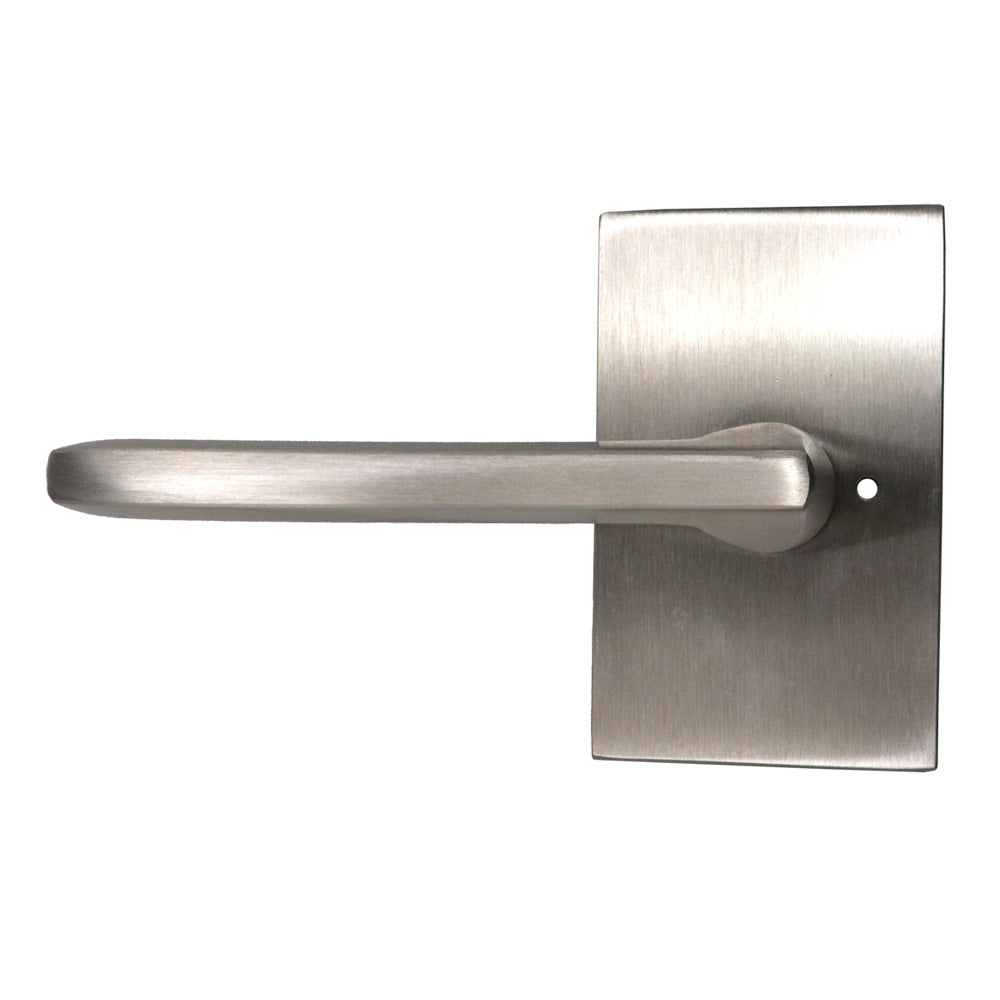 Emtek 5212HLOUS15LH.RLS Helios Lever Left Hand 2-3/8" Backset with Radius Latch Strike Privacy with Modern Rectangular Rose for 1-1/4" to 2" Door Satin Nickel Finish Main image
