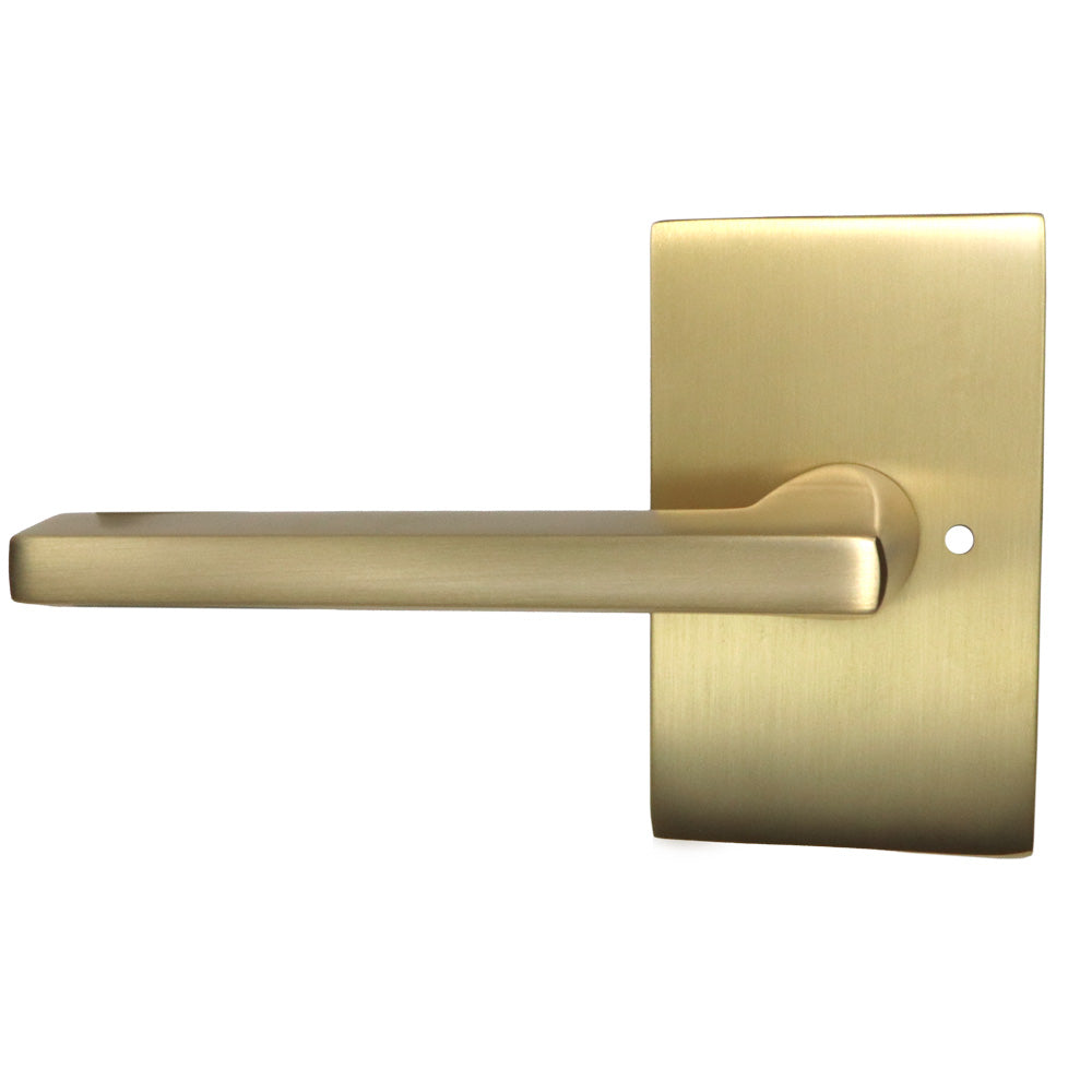 Emtek 5212HLOUS4LH Helios Lever Left Hand 2-3/8" Backset Privacy with Modern Rectangular Rose for 1-1/4" to 2" Door Satin Brass Finish Main image