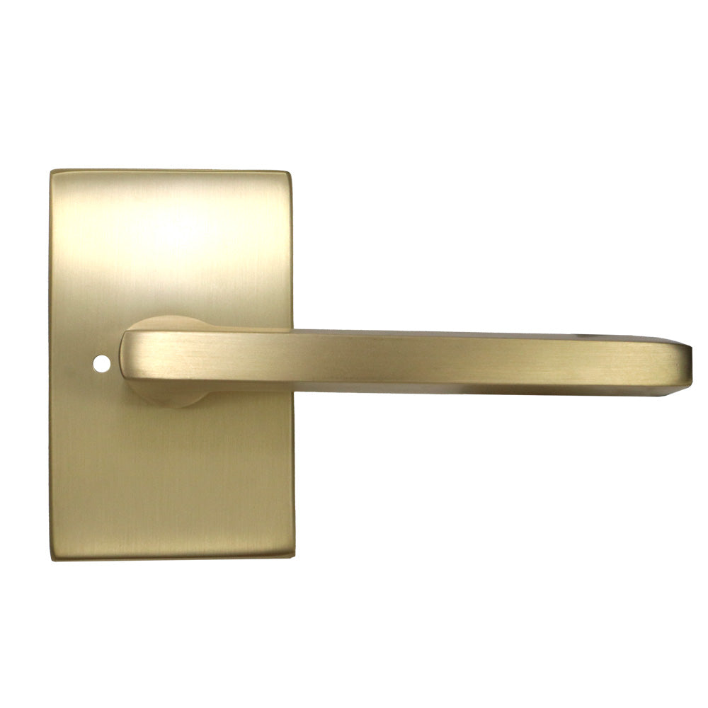 Emtek 5212HLOUS4RH.RLS Helios Lever Right Hand 2-3/8" Backset with Radius Latch Strike Privacy with Modern Rectangular Rose for 1-1/4" to 2" Door Satin Brass Finish Main image