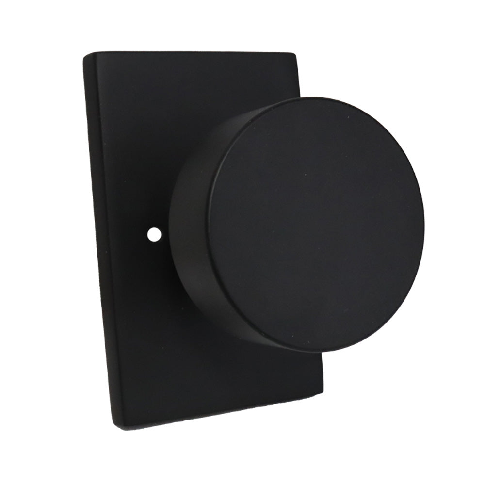 Emtek 5212ROUUS19.RLS Round Knob 2-3/8" Backset with Radius Latch Strike Privacy with Modern Rectangular Rose for 1-1/4" to 2" Door Flat Black Finish Main image
