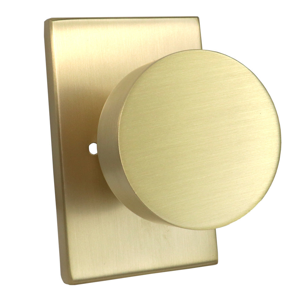 Emtek 5212ROUUS4.RLS Round Knob 2-3/8" Backset with Radius Latch Strike Privacy with Modern Rectangular Rose for 1-1/4" to 2" Door Satin Brass Finish Main image