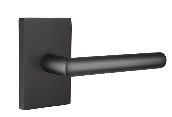 Emtek 5212STUUS19LH Stuttgart Lever Left Hand 2-3/8" Backset Privacy with Modern Rectangular Rose for 1-1/4" to 2" Door Flat Black Finish Main image
