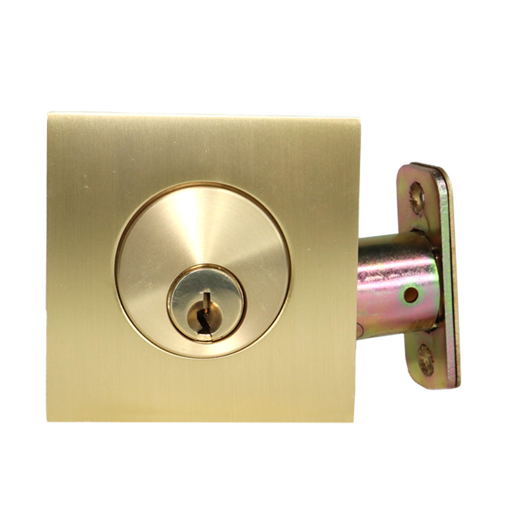 Emtek 8469US4.RLS Square Single Cylinder Deadbolt for 1-3/4" Door with Radius Latch Strike Satin Brass Finish Main image