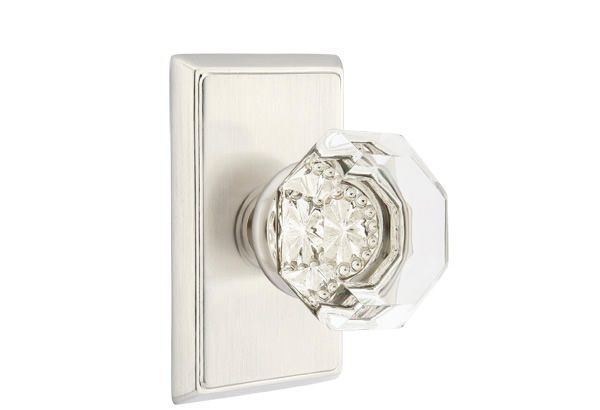 Emtek 8521OTUS15 Old Town Glass Knob Dummy Pair with Rectangular Rose for 1-1/4" to 2" Door Satin Nickel Finish Main image
