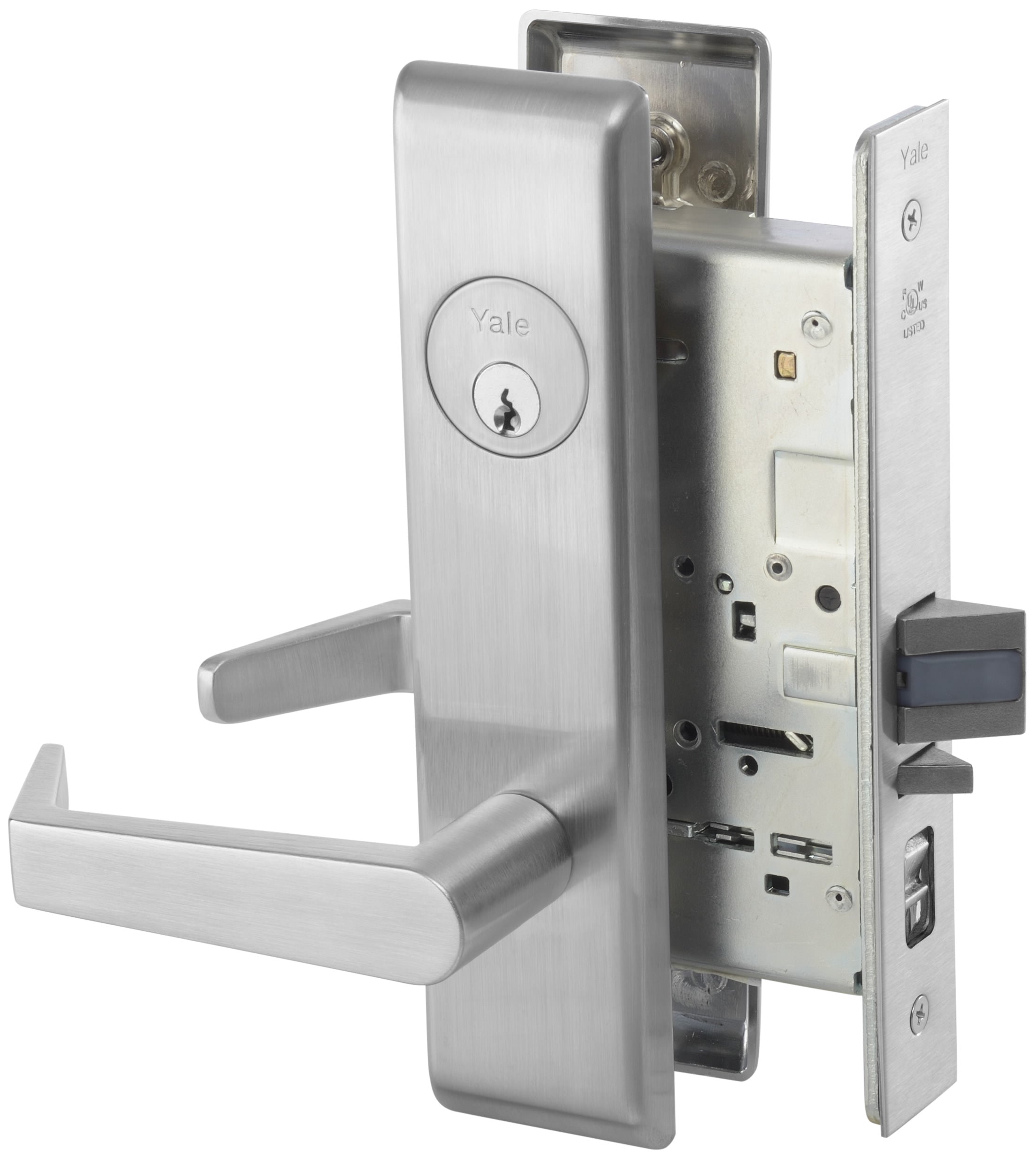ASSA Abloy Accentra AUCN8808FL626 Classroom Mortise Lock with Augusta Lever and Camden Escutcheon with Para Keyway with 2815 Curved Lip Strike Satin Chrome Finish Main image