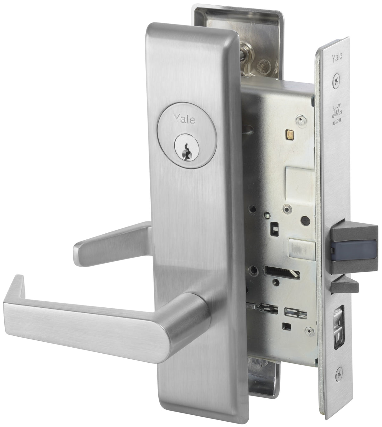 ASSA Abloy Accentra AUCN8808FL626 Classroom Mortise Lock with Augusta Lever and Camden Escutcheon with Para Keyway with 2815 Curved Lip Strike Satin Chrome Finish