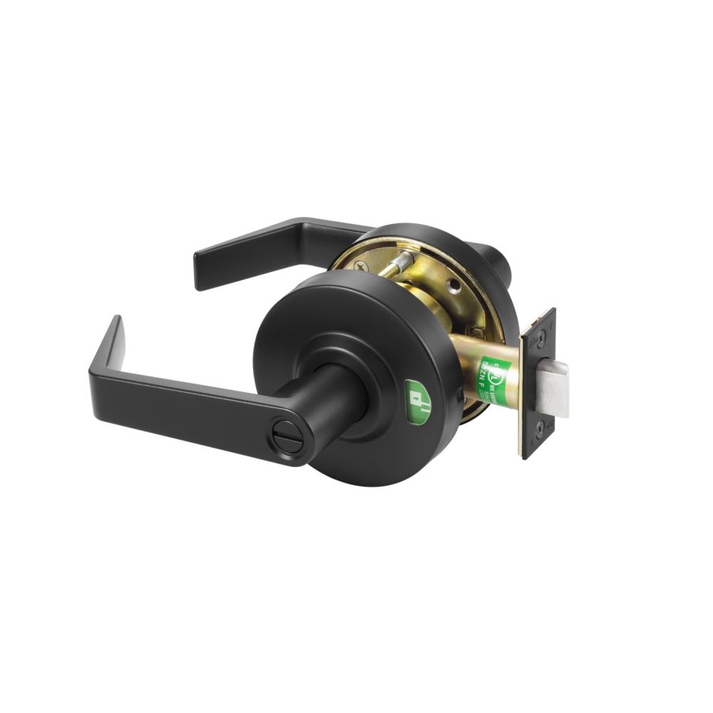 ASSA Abloy Accentra AUYPL02BSP Privacy Cylindrical Indicator Lock Augusta Lever with Red / Green Locked / Unlocked Logo Window with 2-3/4" Backset and ANSI Strike BSP Black Suede Powder Coat Finish Main image