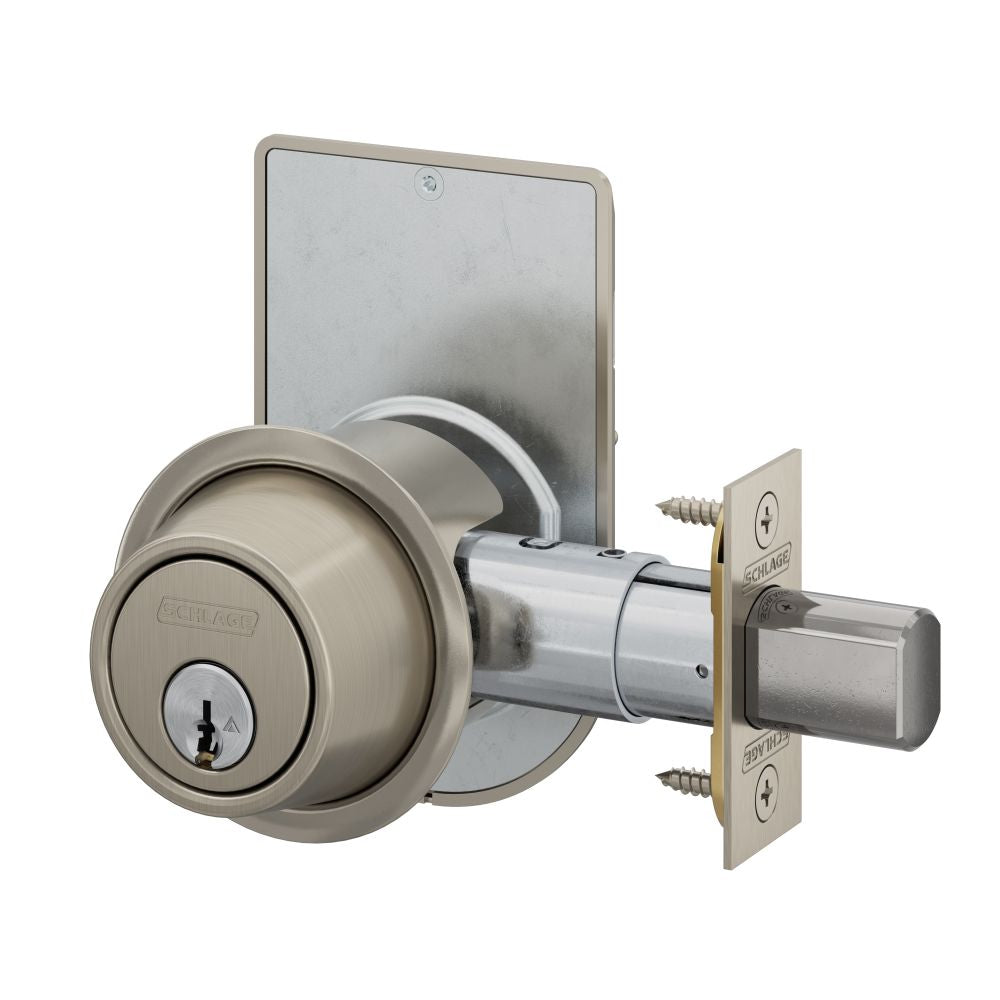 Schlage Commercial B560P619ISLOC Grade 2 Single Cylinder Deadbolt with C Keyway KA4 with 12287 Latch and 10094 Strike and Inside Locked Unlocked Indicator Satin Nickel Finish Main image