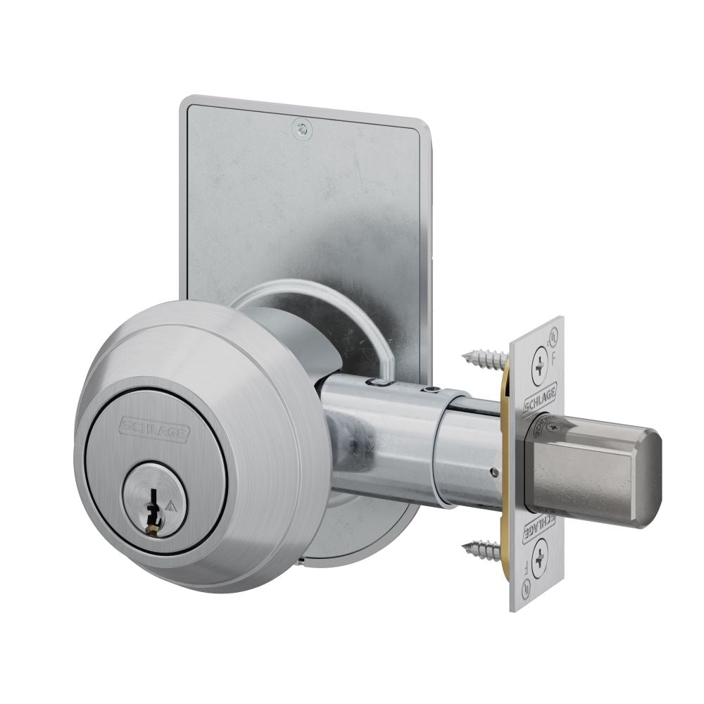 Schlage Commercial B660P626ISLOC Grade 1 Single Cylinder Deadbolt C Keyway with 12296 Latch and 10094 Strike and Inside Locked Unlocked Indicator Satin Chrome Finish Main image