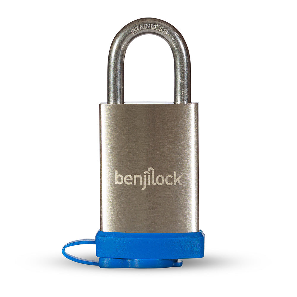 BenjiLock BJL207SS-40 Fingerprint Padlock with Blue Bumper and up to 10 Fingerprints with Stainless Steel Shackle and IP68 Rating Main image
