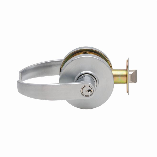 Dexter Commercial C1000ENTRC626KDC Entry / Office Grade 1 Curved Lever Clutching Cylindrical Lock with C Keyway; 2-3/4" Backset with 1-1/8" Face; and ANSI Strike Satin Chrome Finish Main image