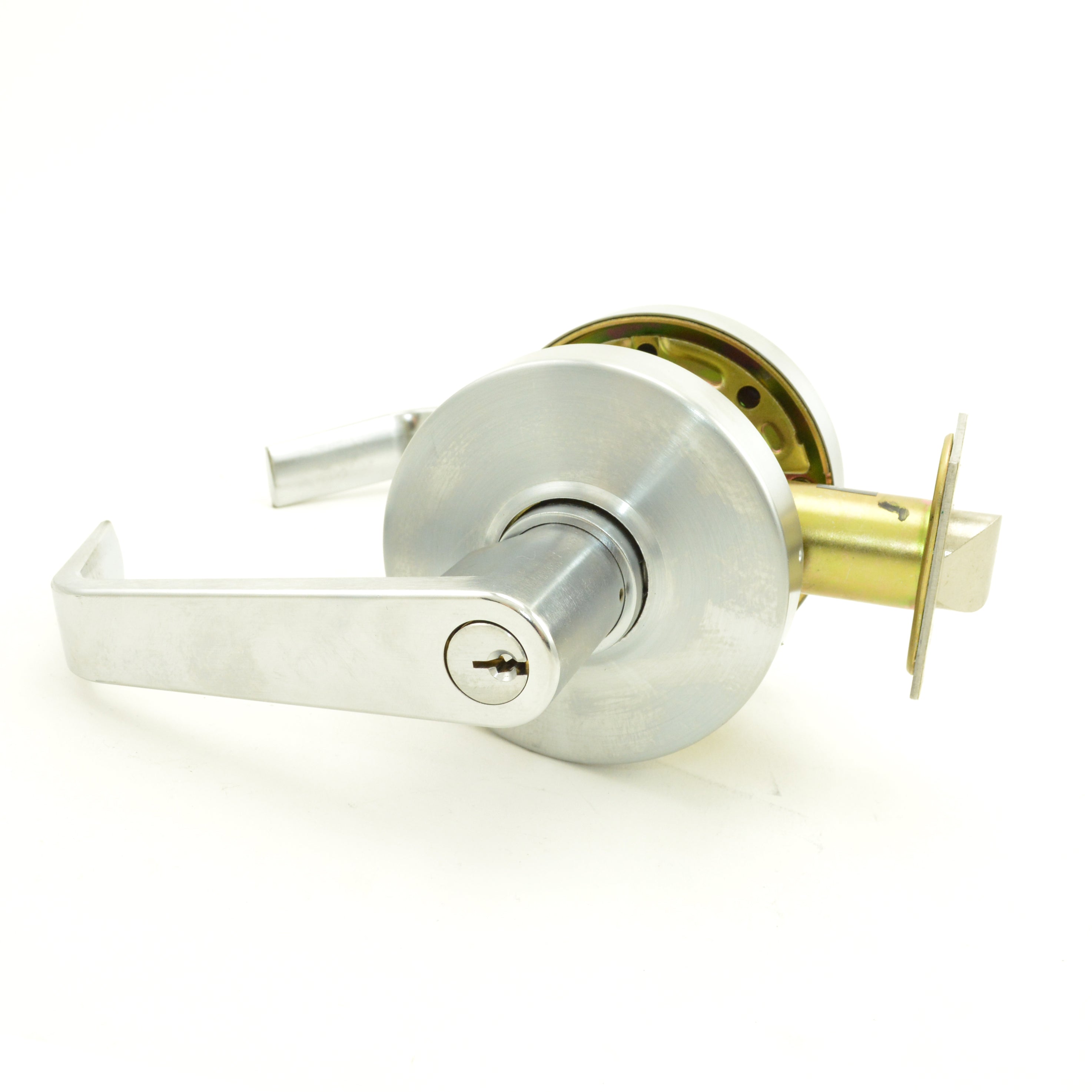 Dexter Commercial C1000STRMR626KDC Storeroom Grade 1 Regular Lever Clutching Cylindrical Lock with C Keyway; 2-3/4" Backset with 1-1/8" Face; and ANSI Strike Satin Chrome Finish Main image