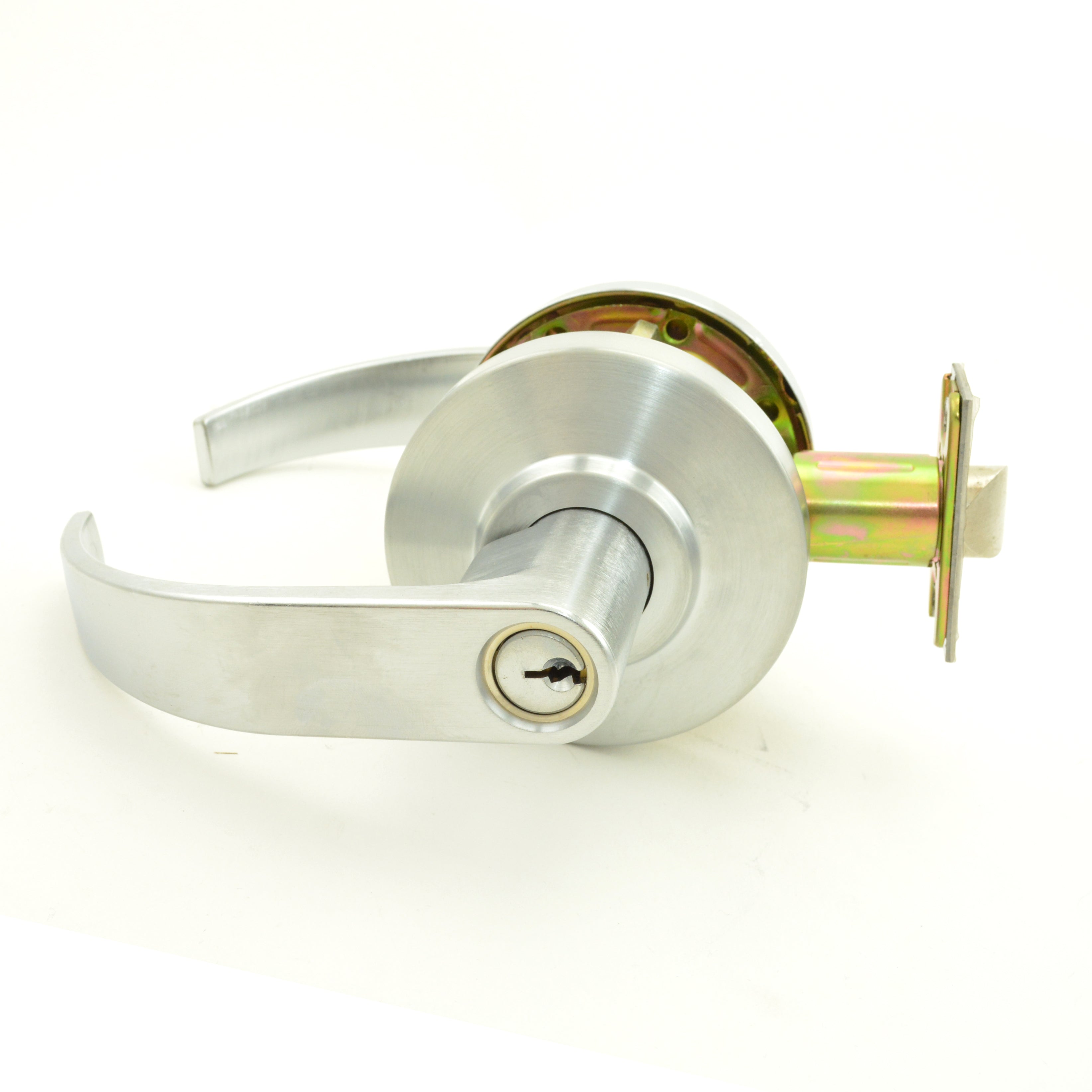 Dexter Commercial C2000CLENTRC626KDC Entry / Office Grade 2 Curved Lever Clutching Cylindrical Lock with C Keyway; 2-3/4" Backset; and ANSI Strike Satin Chrome Finish Main image
