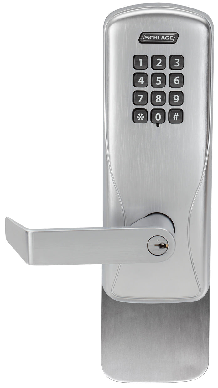 Schlage Electronic CO100993S70KPRHO626 Standalone Keypad Programmable Electronic Lock Surface Vertical Exit Trim Classroom / Storeroom Keypad Rhodes Lever with C Keyway Satin Chrome Finish Main image