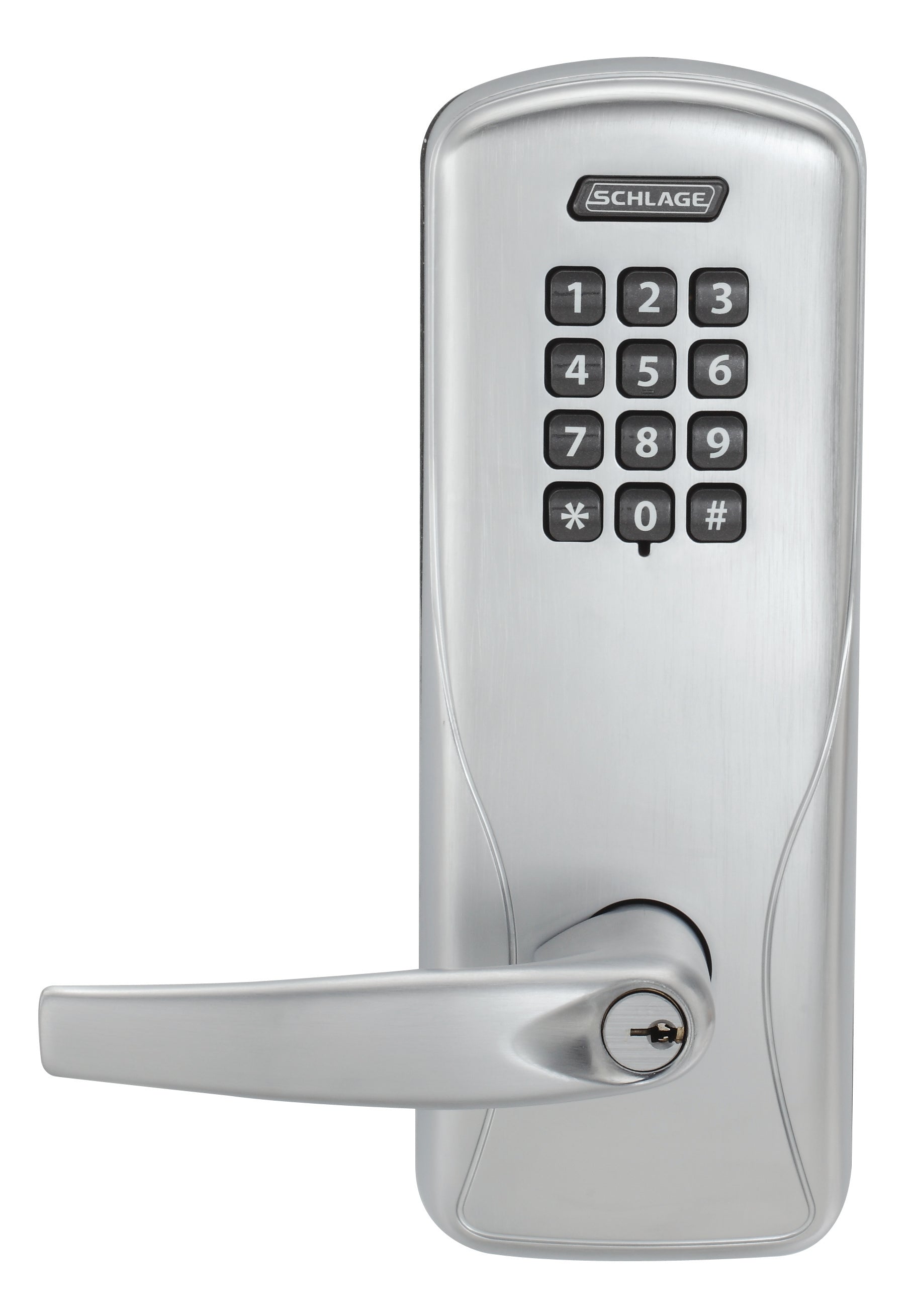 Schlage Electronic CO100CY70KPATH626 Standalone Keypad Programmable Electronic Lock Cylindrical Classroom / Storeroom Keypad Athens Lever with 13247 Latch and 10025 Stike with C Keyway Satin Chrome Finish Main image