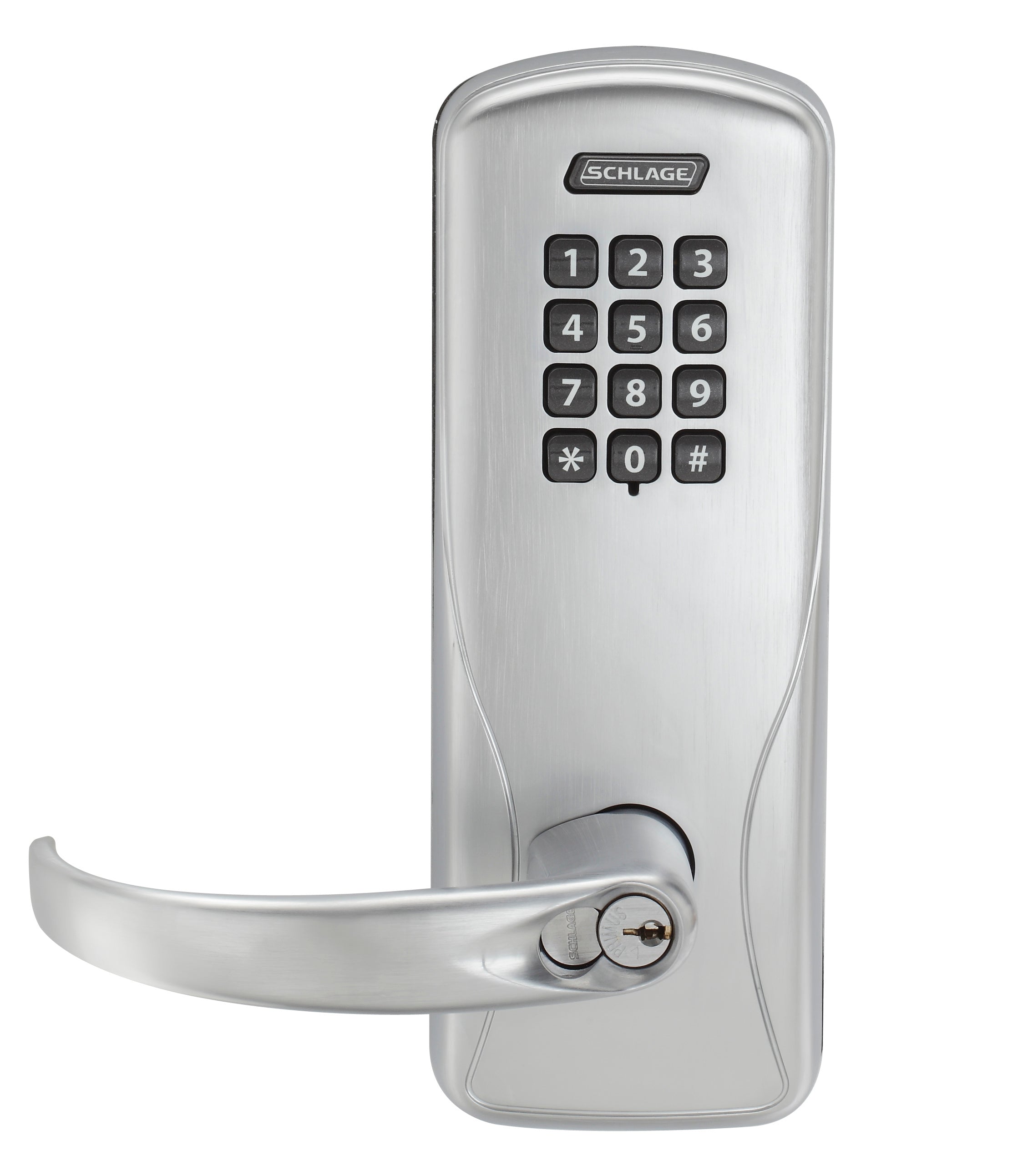 Schlage Electronic CO100CY70KPSPA626 Standalone Keypad Programmable Electronic Lock Cylindrical Classroom / Storeroom Keypad Sparta Lever with 13247 Latch and 10025 Stike with C Keyway Satin Chrome Finish Main image