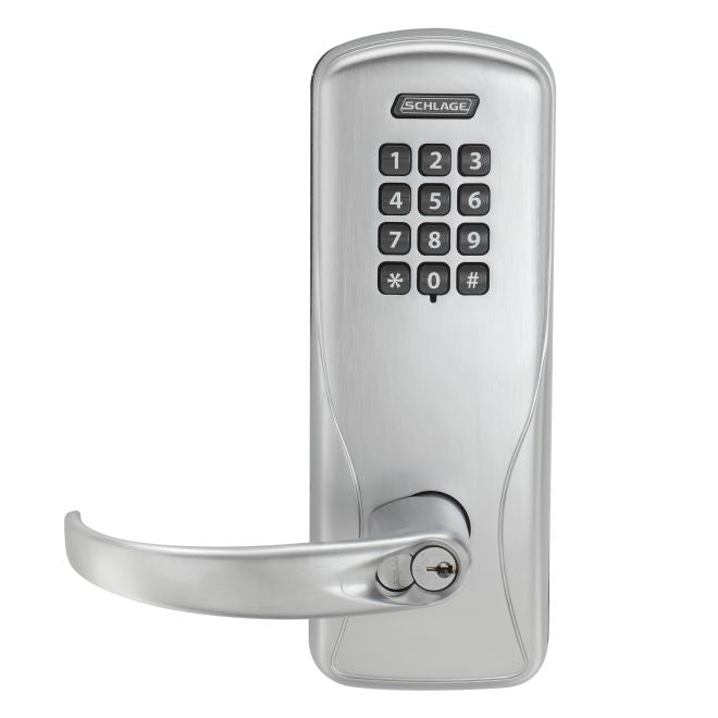Schlage Electronic CO100CY70KPSPA626B Standalone Keypad Programmable Electronic Lock Cylindrical Classroom / Storeroom Keypad Sparta Lever with Small Format Less Core Satin Chrome Finish Main image